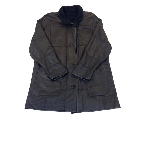 Christ Womens Dark Brown Leather Coat Button Front Shearling Collar Longline Sz - Picture 1 of 7